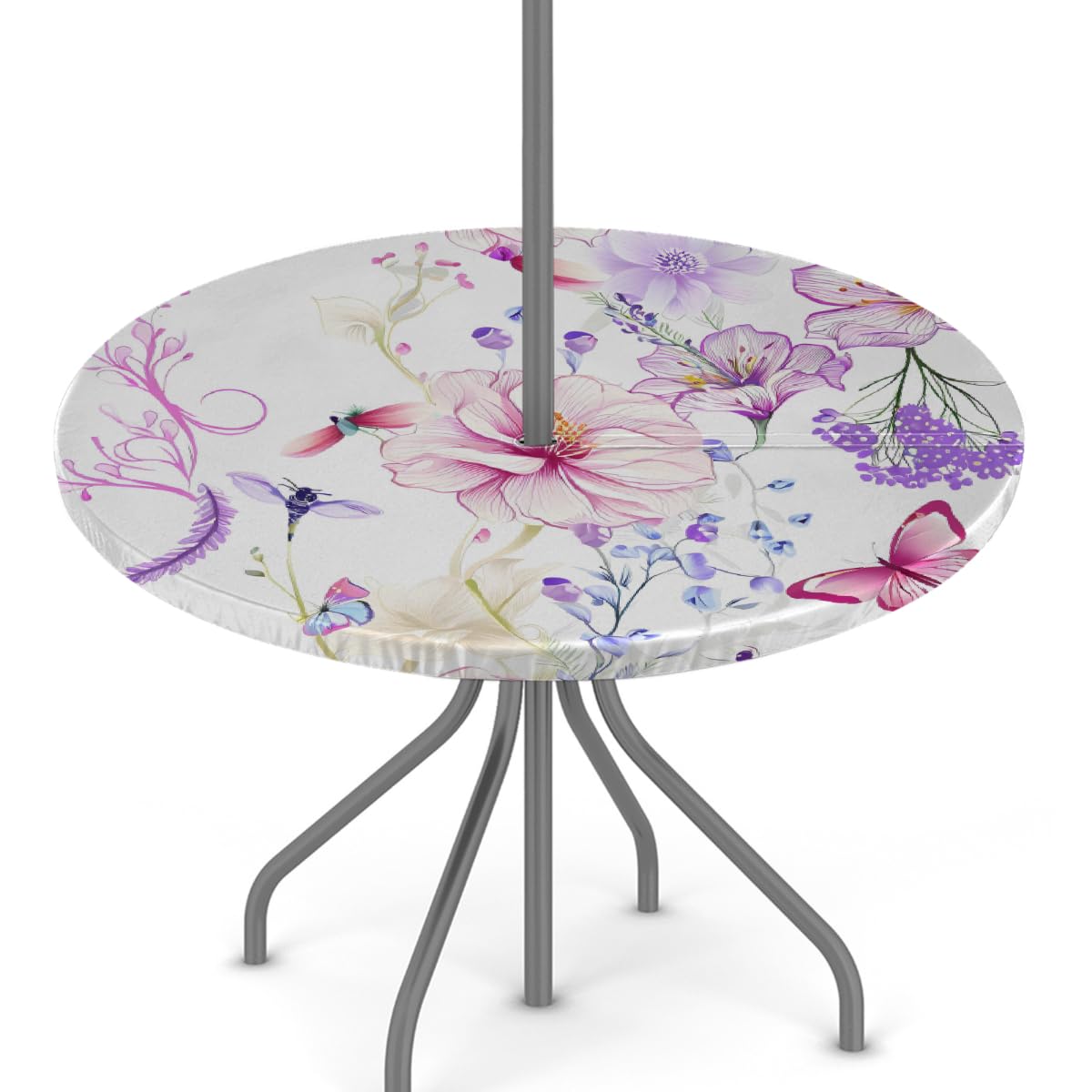 KNEMI Round Garden Table Cloth With Parasol Hole, Beautiful Flowers Outdoor Circular Fitted Tablecloth Wipeable Waterproof Elastic Edged Table Cover for Party Picnic, Fit for 36"-44" Round Tables — image 1