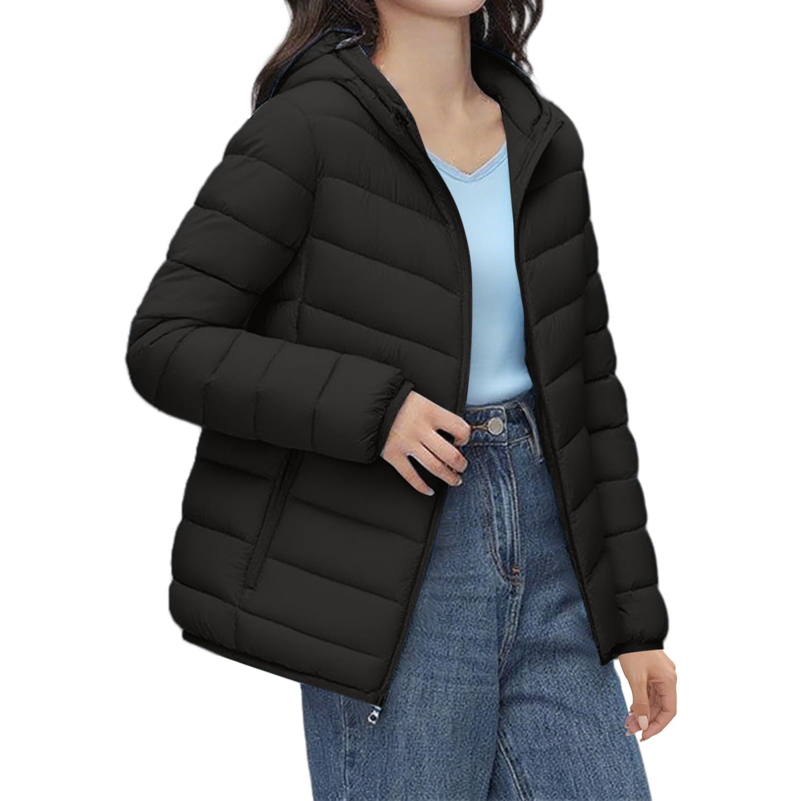 Generisch Chaqueta acolchada ligera con capucha para mujer, chaqueta de plumón, ultraligera, con bolsillos, chaqueta de entretiempo, chaqueta de entretiempo, abrigo acolchado extragrande, chaqueta