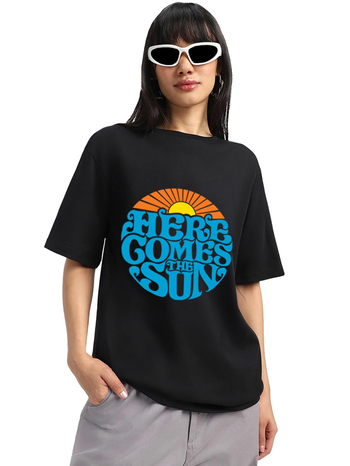 juneberry 100% Pure Cotton Oversized Baggy Fit Latest Front Here Comes The Sun Typographic Printed Black Round Neck T-Shirt for Women & Girls (Sizes: S to 2XL)-picture-6