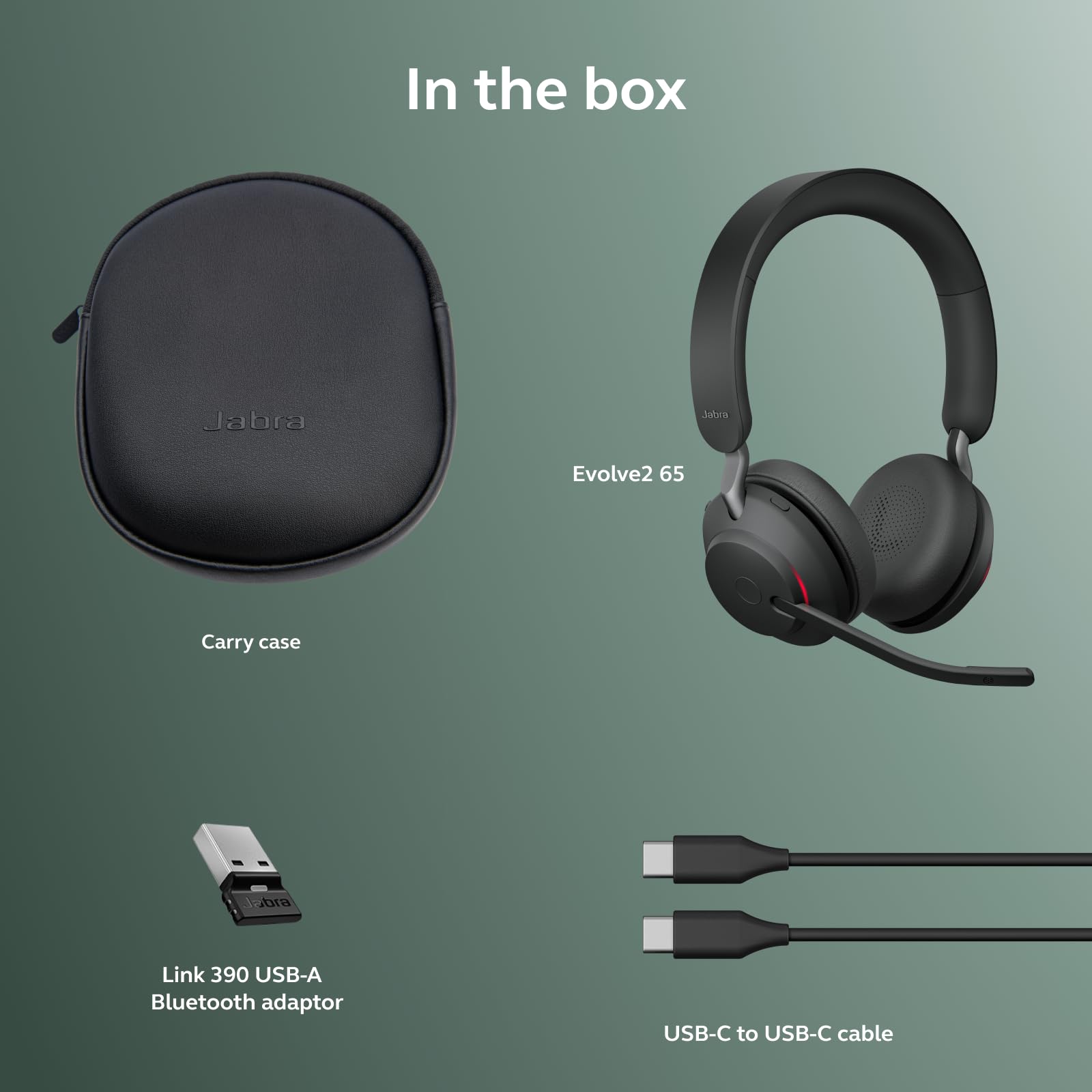 Jabra Evolve2 65 Bluetooth Wireless Headset con microfono per chiamate e musica, cuffie dual-ear con adattatore USB-A e supporto di ricarica, fino a 37 ore di batteria, funziona con app per riunioni