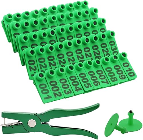 Alicates de etiqueta de oreja de oveja y etiquetas de oreja numeradas 001-100 para pasadores de cabra (verde)
