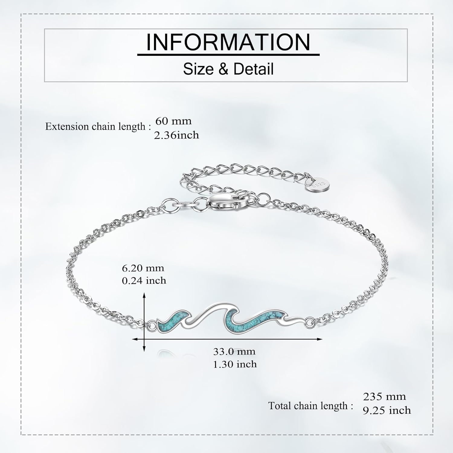 URONE Wave Bracelet 925 Sterling Silver Turquoise Wave Bracelet Ocean Beach Jewelry Gifts for Women - Image 5