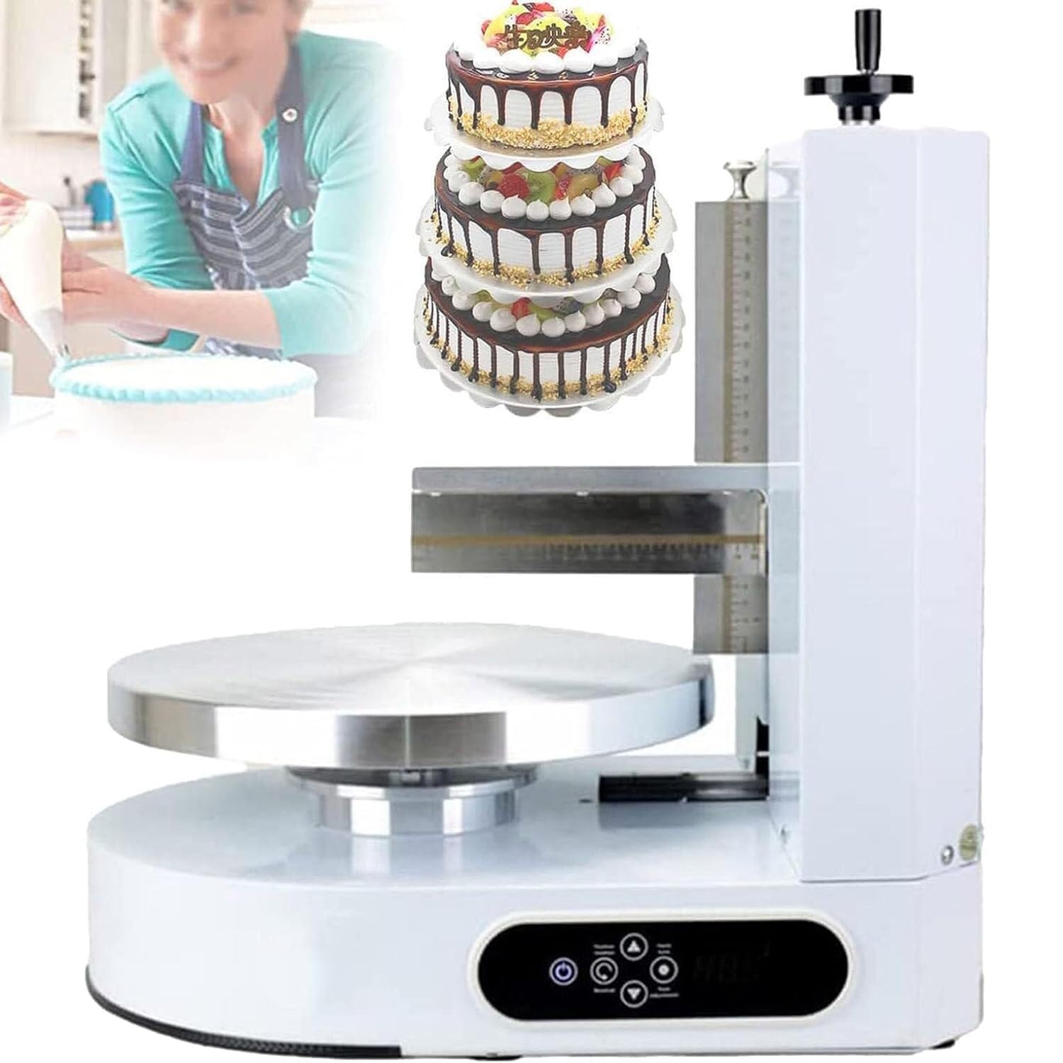 Machine à glaçage automatique avec grattoir réglable en acier inoxydable, panneau de commande LCD et plateau tournant de 35 cm pour pâtisserie professionnelle et maison