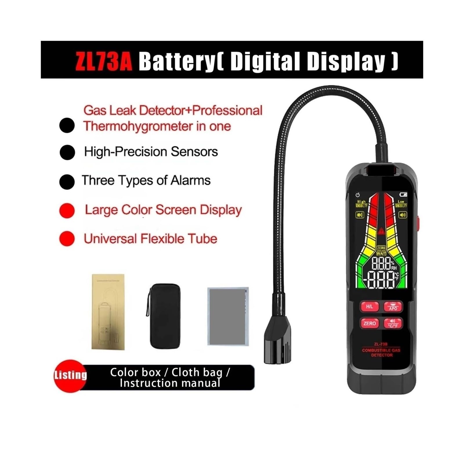 Detector de Gases, Detector de Fugas Gas ZL76B con zumbador y Pantalla LCD, Detector Combustible, analizador Temperatura Humedad, Herramienta Prueba eléctrica(ZL73A Battery)