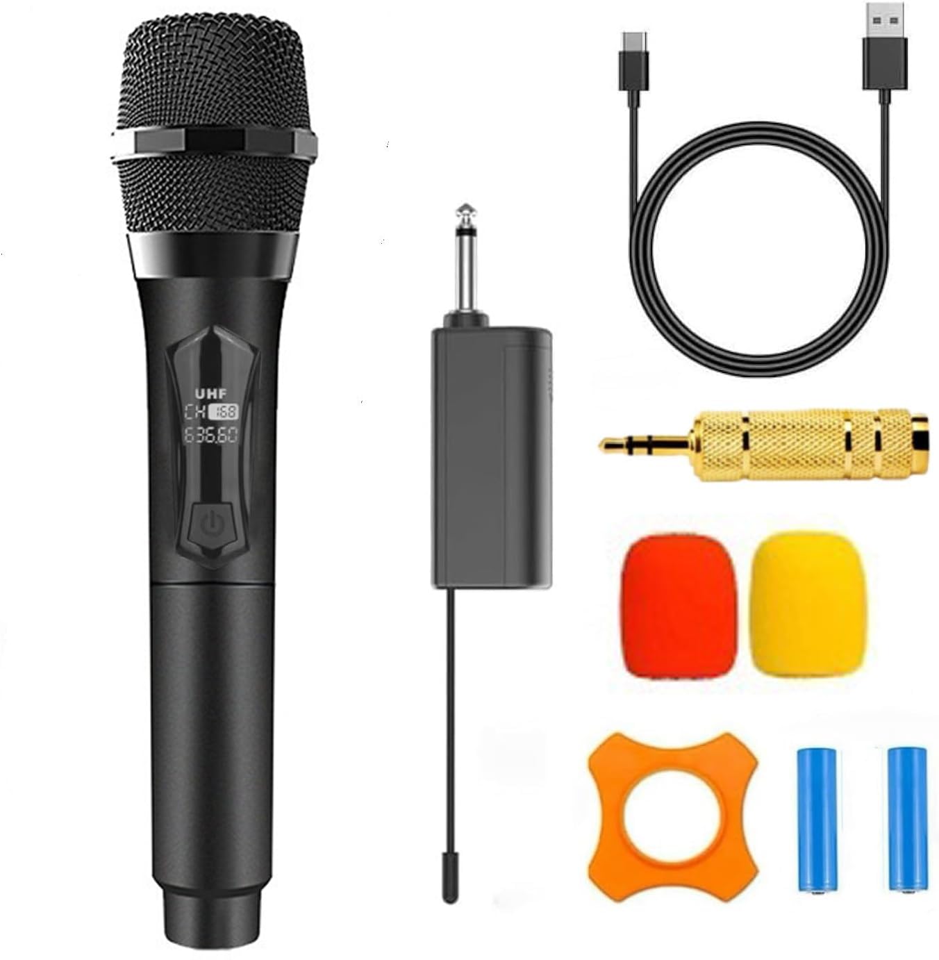 Microfono wireless solo per ingresso microfono, microfono UHF multiuso portatile con ricevitore ricaricabile (lavoro 4 ore) portata 34,7 m per amplificatore, altoparlante, mixer, karaoke, chiesa,