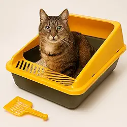 Caixa de Areia para Gatos com Pá, Amarelo e Preto, Plástico Durável, Design Espaçoso, Bandeja Higiênica com Sistema de Limpeza