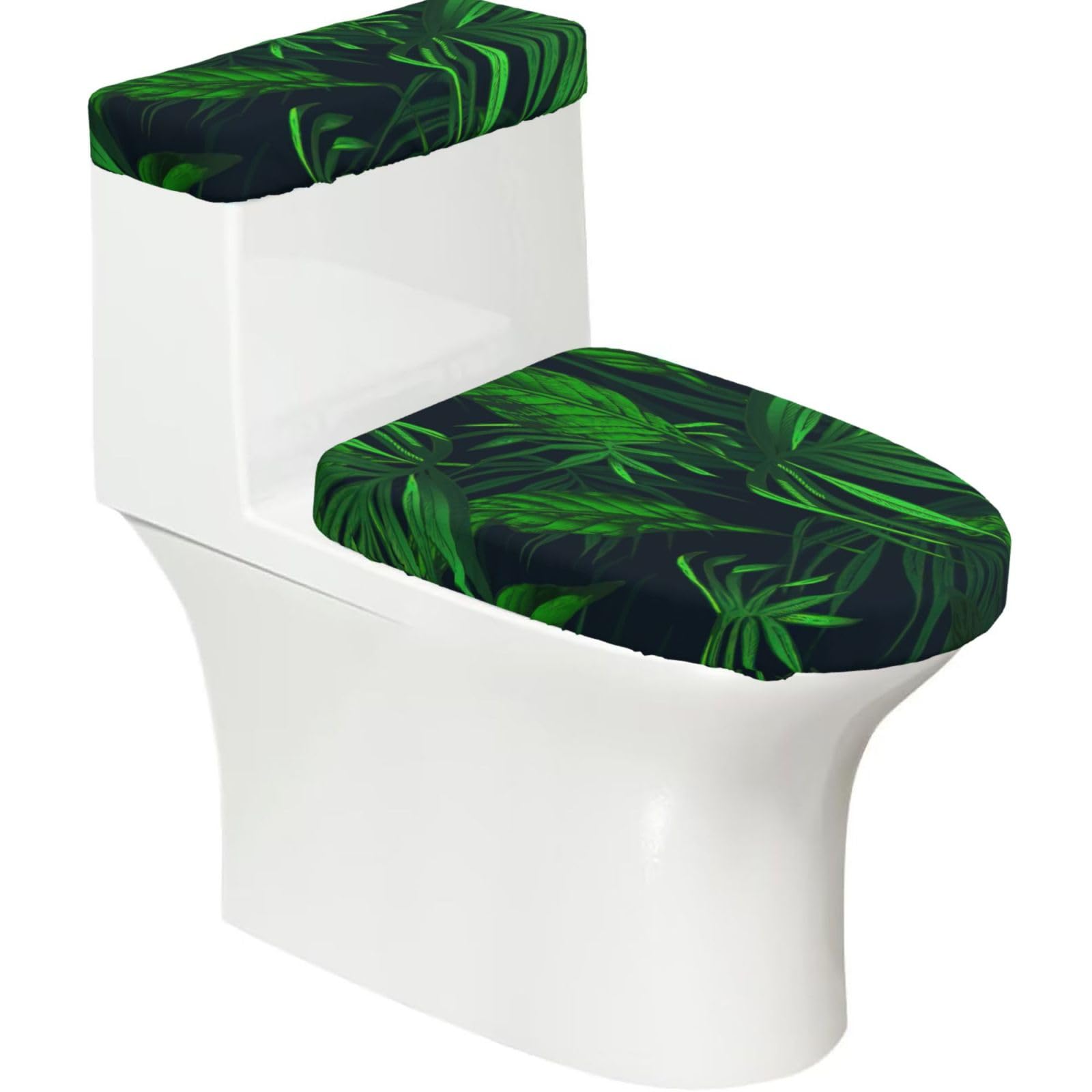 Green Tropical Jungle Plant Print Bathroom Decor Toilet Lid Cover And Tank Covers, Restroom Accessories Fits Most Round