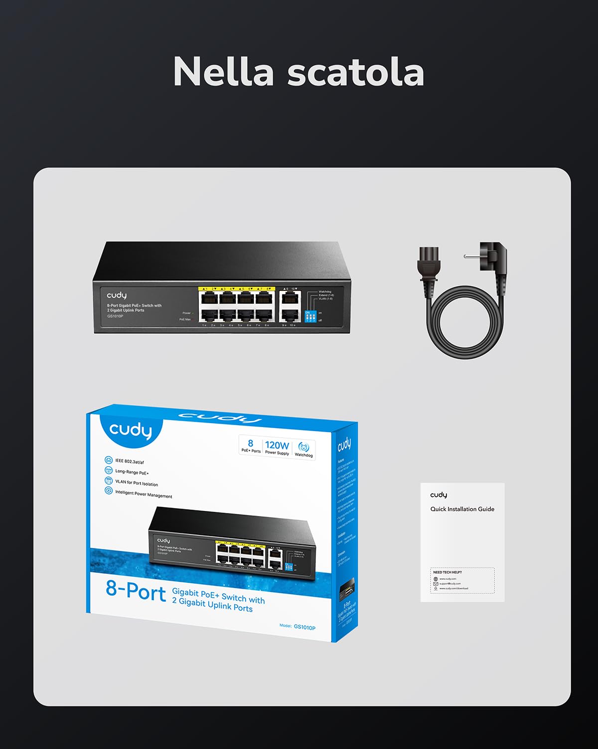 Cudy Switch PoE+ Gigabit 10 Porte 8+2, 120W, VLAN, QoS, Plug Play, GS1010P | 8x PoE+ 120W, 2x Uplink, 802.3at/af, Isolamento VLAN, QoS, 20Gbps switching, Plug Play, Custodia metallica
