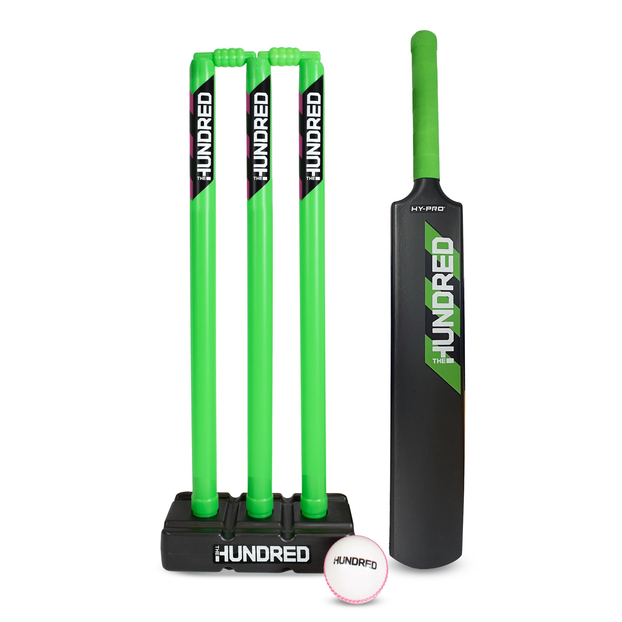 Hy-Pro Officially Licensed The Hundred Cricket Set - Size 3 Plastic Bat, Junior Stumps, Windball