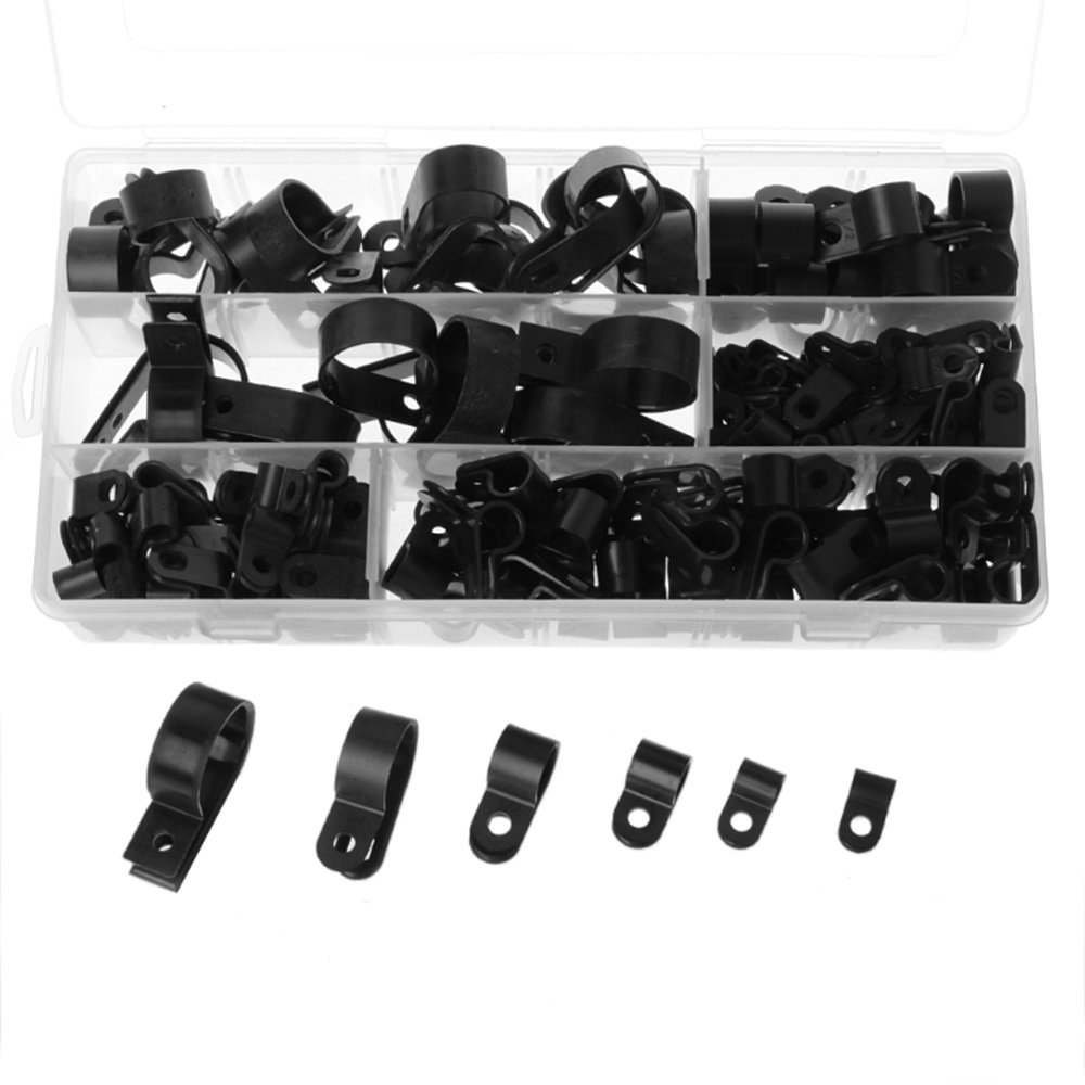 200 PCS Black Nylon Screw Wire Clips R-Type Clip Cable Clamp Fasteners Tubing Clips 6 Size for Wire Management