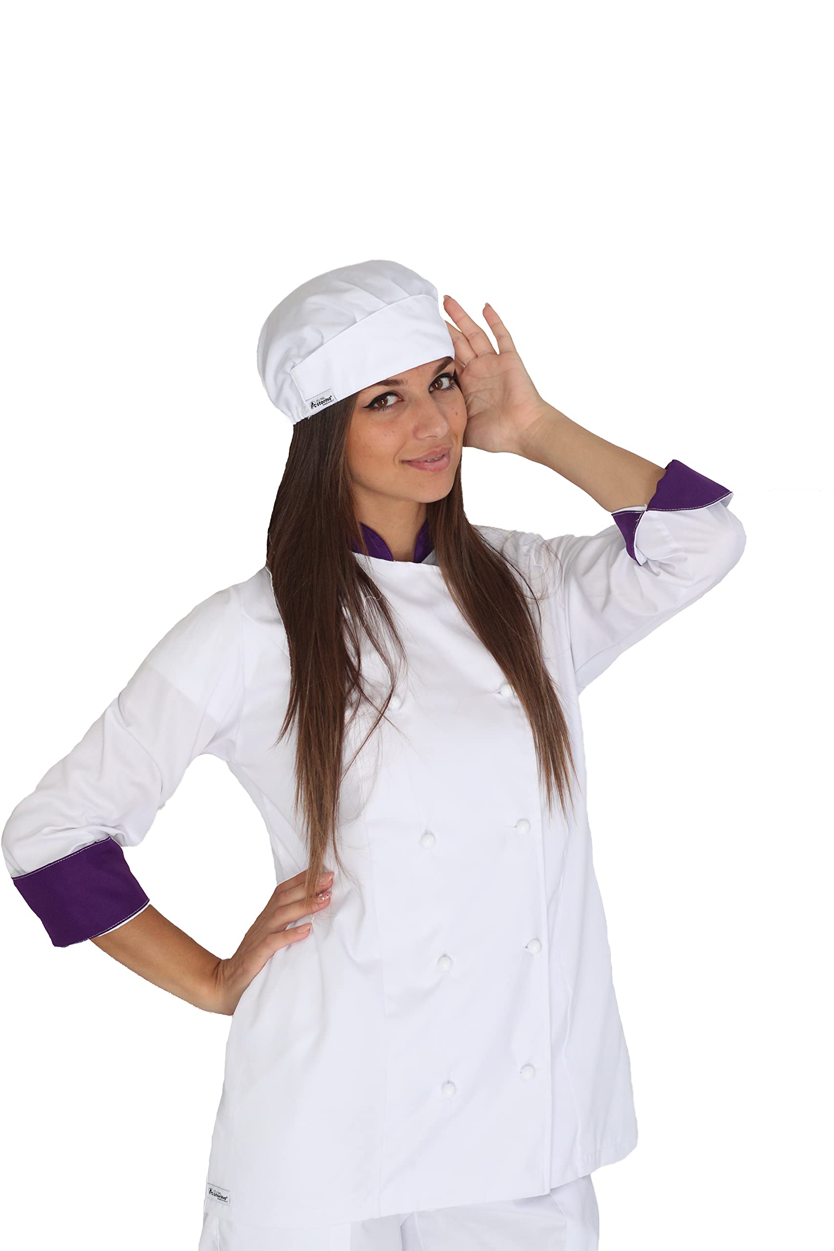 Ricamo Gratuito - Completo Cuoco Donna Bianco e Viola - Divisa Chef Personalizzabile - Giacca, Pantaloni e Grembiule - Uniforme per Cucina e Ristorante - Made in Italy