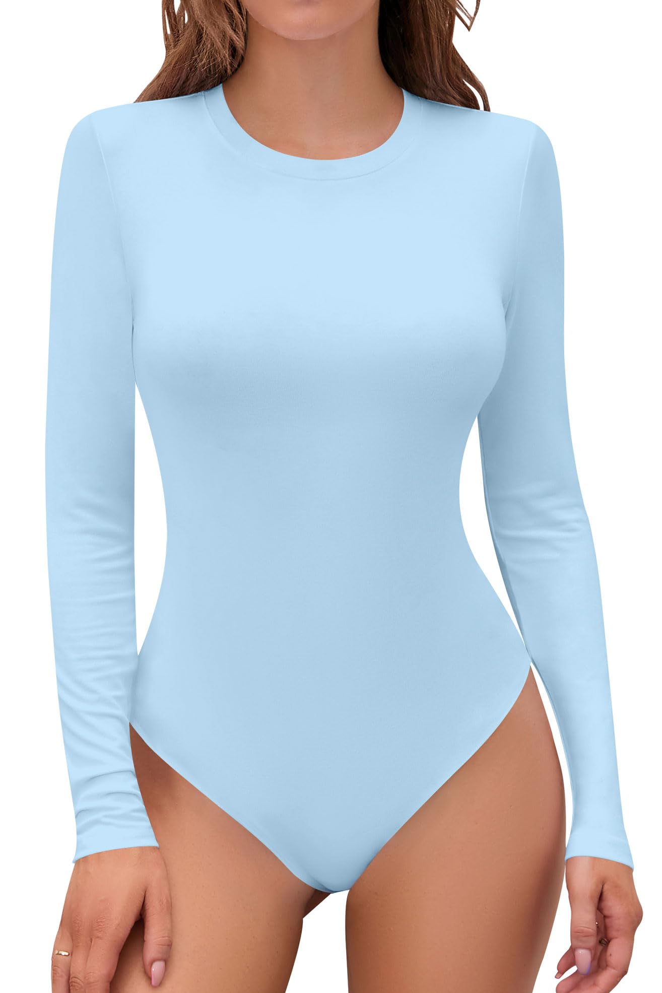 Women’s Sleeveless Long Sleeve Crew Neck Ribbed Stretchy Slim Fit Tops Bodysuit Basic Jumpsuit, Light Blue, Medium-image-30