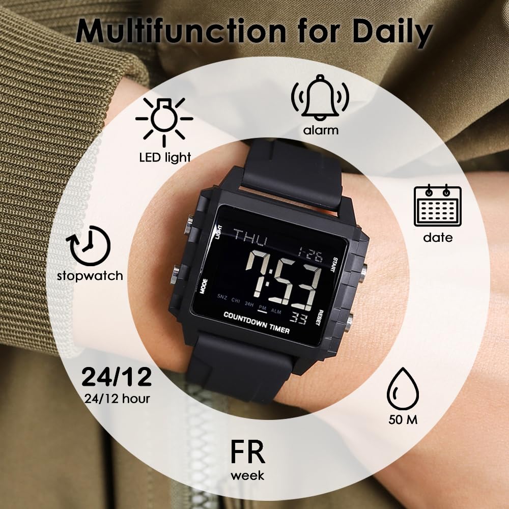 findtime Montre numérique étanche pour homme avec rétroéclairage LED, alarme, chronomètre, compte à rebours