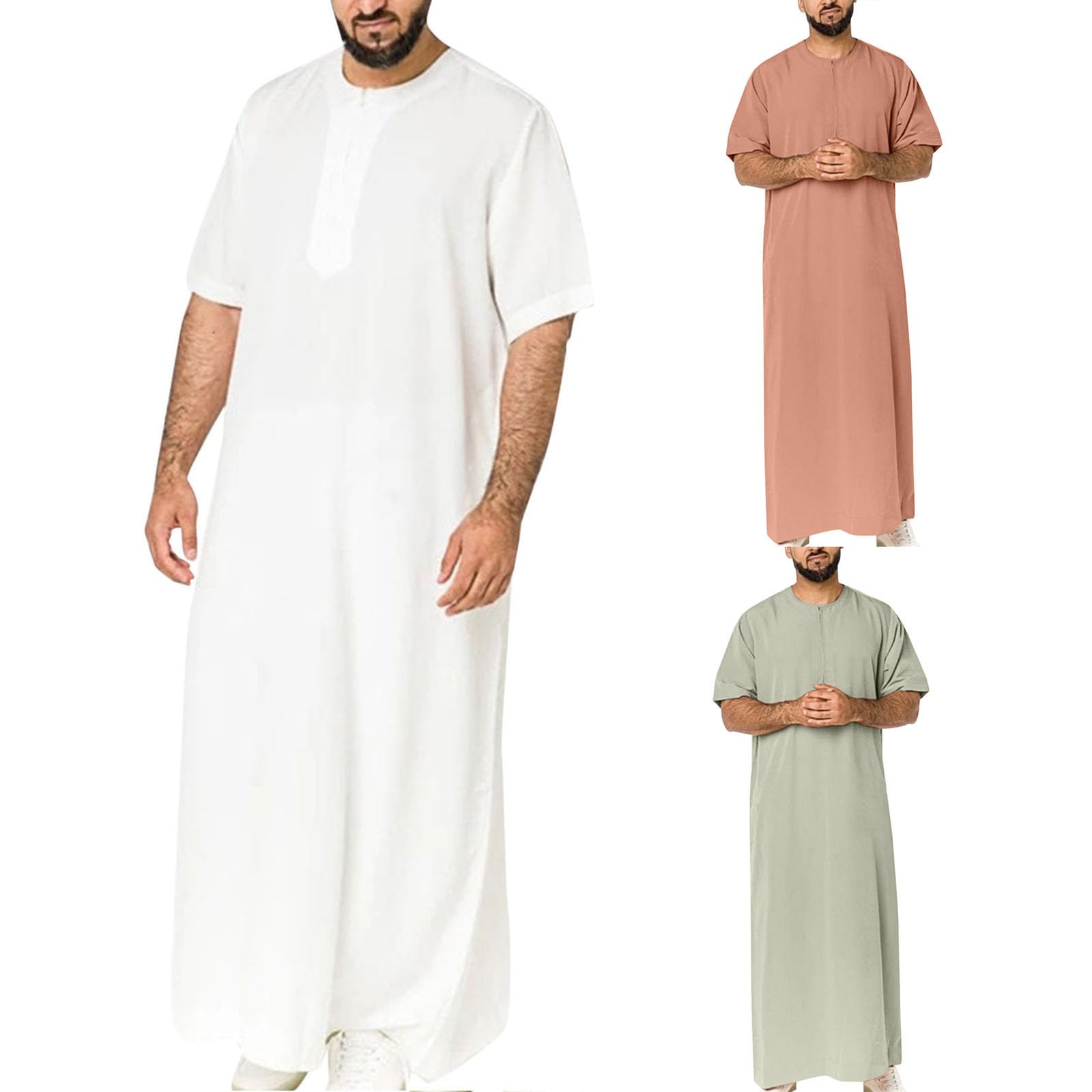 Générique Djellaba Homme Manches Courtes Qamis de Priere Caftan Baggy Jelaba Musulman Kamis Islamique avec Boutons Boubou Africain Robe Arabe Gandoura Couleur Unie Abaya Dubai Vetements