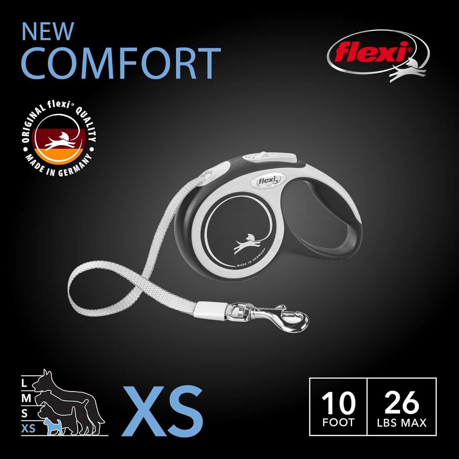 Flexi New Comfort einziehbare Hundeleine (Klebeband), ergonomisch, langlebig und verhedderungsfrei, für Hunde bis zu 11,8 kg, 3 m, Größe XS, Grau/Schwarz