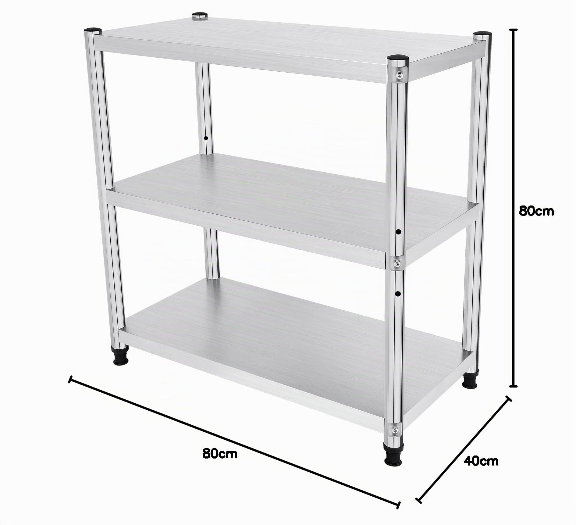 Mesa de trabajo de acero inoxidable, 3 estantes, mesa de trabajo de acero inoxidable, estantería de 30 kg, para despensas, restaurantes, cocinas, grandes cocinas, 80 x 80 x 40 cm