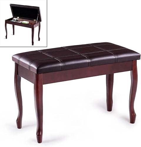 HAPPYGRILL Banco de piano con cojín acolchado de piel sintética, cómodo taburete de asiento doble con almacenamiento y patas de madera maciza