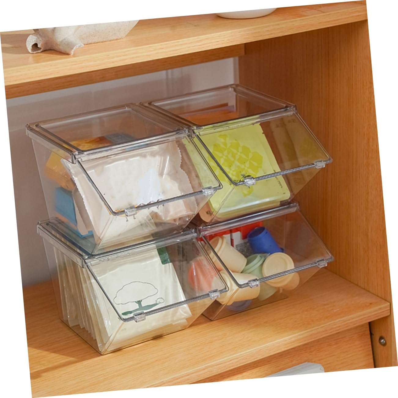 Happyyami 4 Stück Acryl Aufbewahrungsbox für Teebeutel mit Deckel Großer Stauraum und Glatter Oberfläche Stapelbar für Küche und Schreibtisch