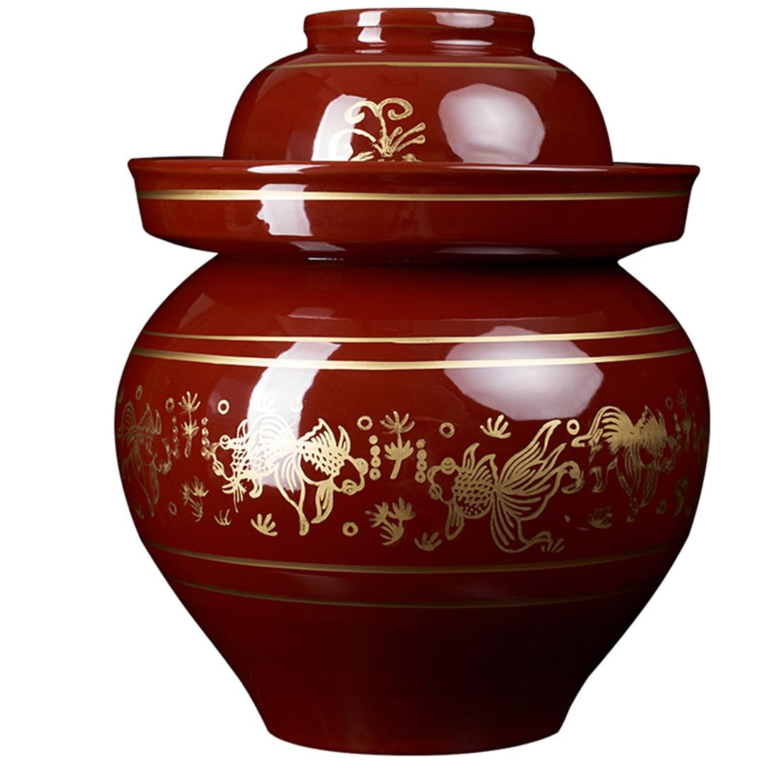 Ceramiczny słoik na marynaty z pokrywkami, duży czerwony tradycyjny chiński porcelanowy słoik do marynowania, ceramiczny garnek fermentacyjny z uszczelką wodną pokrywką śluzy powietrznej, garnek z