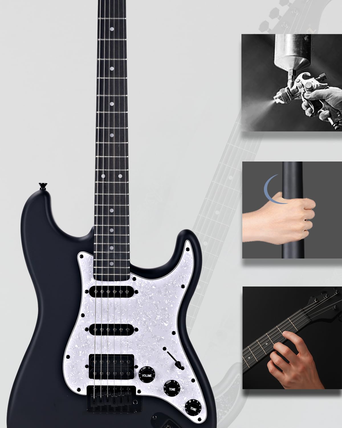 Winzz Guitare Électrique Adulte 4/4 Taille Pleine, Micro HSS, Guitare Électrique ST Kit pour Débutants, Enfants 12+ Ans Starter Pack avec 12 Accessoires (39" Matte Noir, Pickguard Blanc)