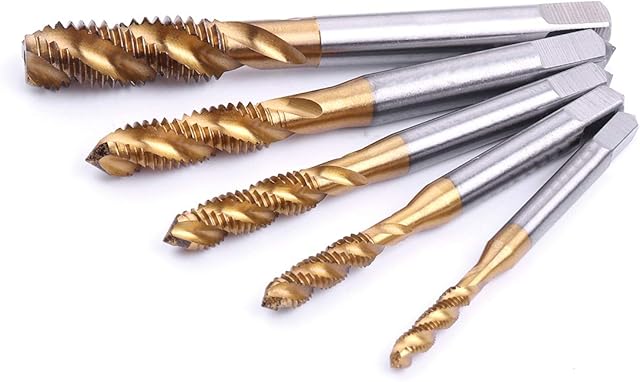ATOPLEE Spiral Flute Tap, 5pcs Titanium Coated HSS 6542 Metric Machine Tap Set M3 M4 M5 M6 M8 [5 Sizes]