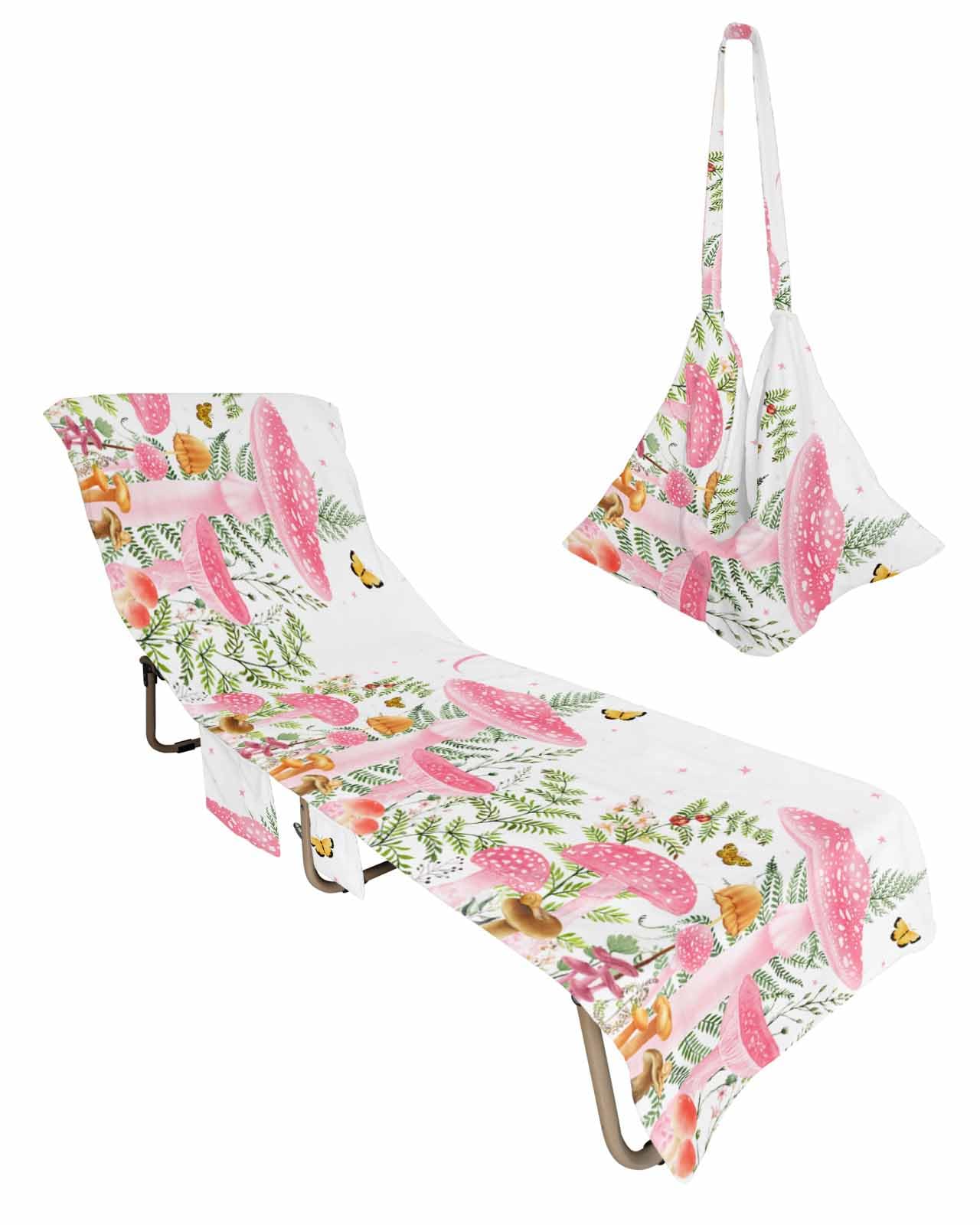 Pink Mushroom Beach Lounge Chair Towel Cover, Soft Chaise Lounge Towel with Side Pockets Patio Pool Chairs Cover for Beach/Pool Sunbathing 29x85 Pastoral Spring Summer Botanical