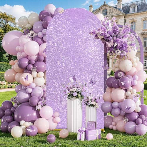 Image of 7.2 ft Light Purple Sequin Arch Backdrop Cover Spring Arch Backdrop for Birthday Party Baby Shower Banquet Wedding Background Decoration