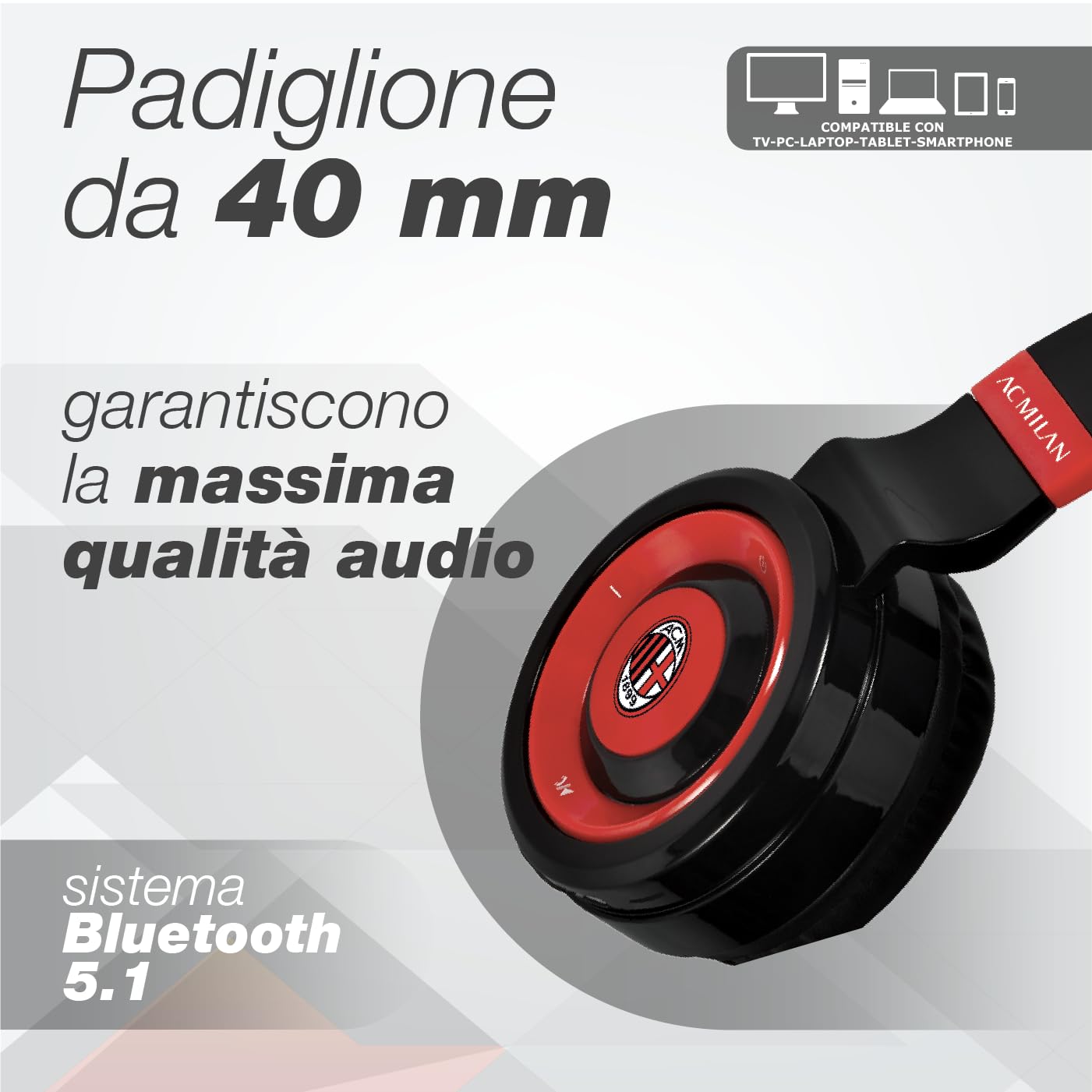 AC Milan - Cuffie Senza Filo Cuffie Wireless Over-Ear, Cuffie Bluetooth Senza Fili Pieghevoli, Cuffie con Microfono Incorporato, HiFi Stereo, Micro SD Slot, FM Radio per iPhone/Android/Viaggio/PC