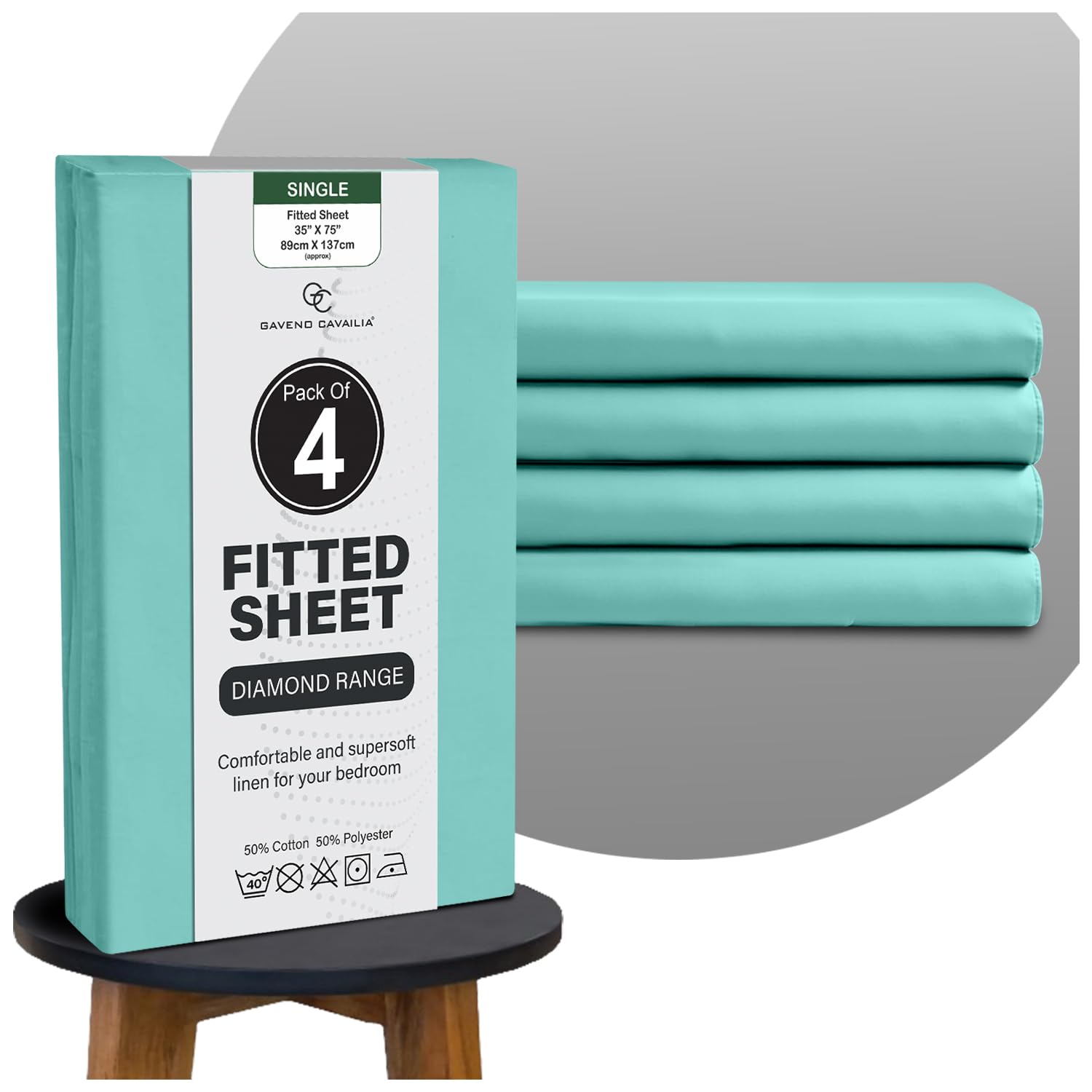 GC GAVENO CAVAILIA Luxury Plain Dyed Deluxe Single Fitted Sheet 4 Pack, Easy Care Breathable Lightweight Single Bed Sheets (25 cm), Non Iron Extra Deep Elasticated Corner Fitted Sheet Single Bed, Aqua — image 1