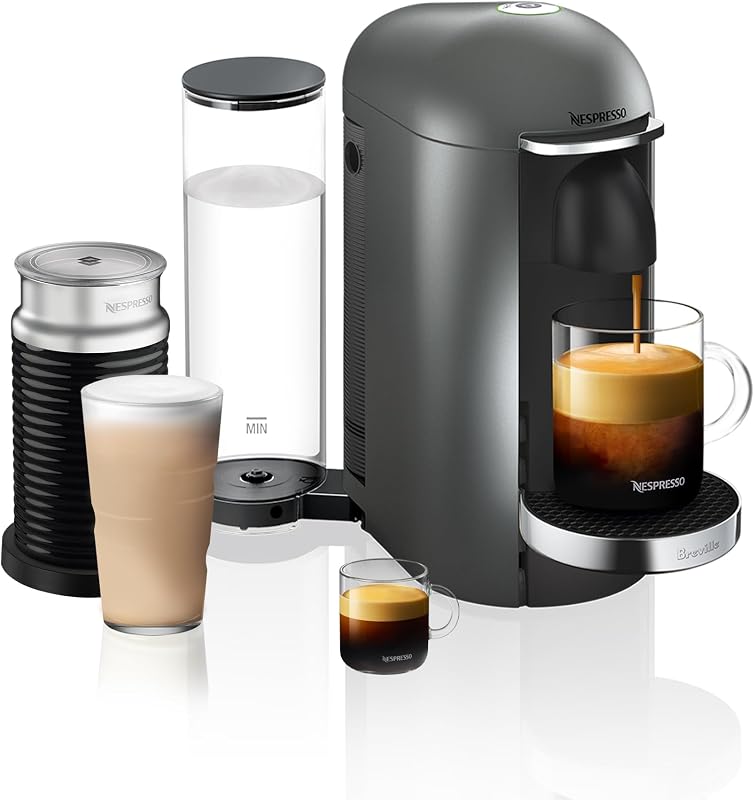Cafetera y espresso Vertuo Plus Deluxe de Breville, Titan con espumador de leche Aeroccino