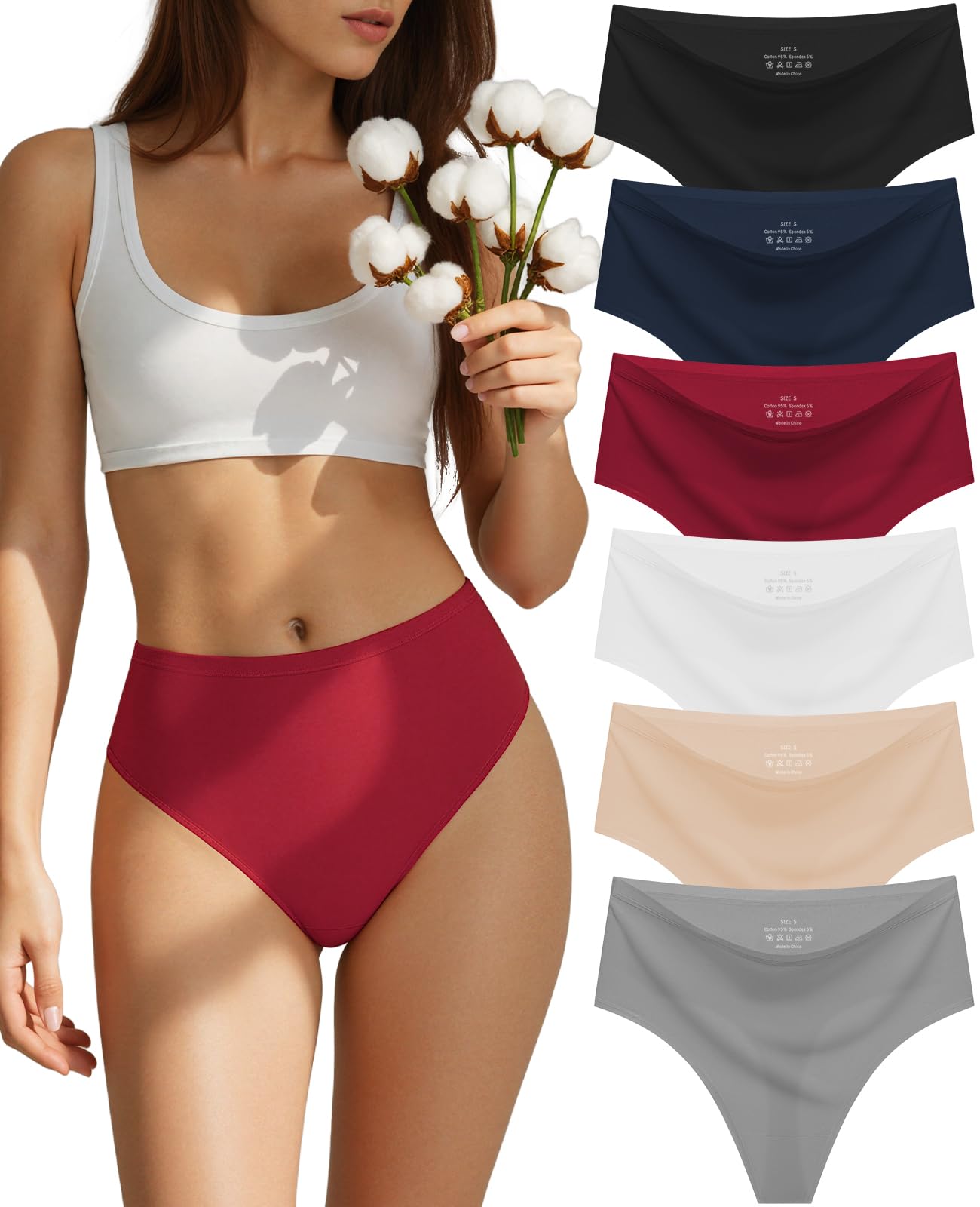 sosusu Seamless Underwear for Women Cotton Thongs High Waisted Soft Breathable No Show Panties Invisible Stretch 6 Pack