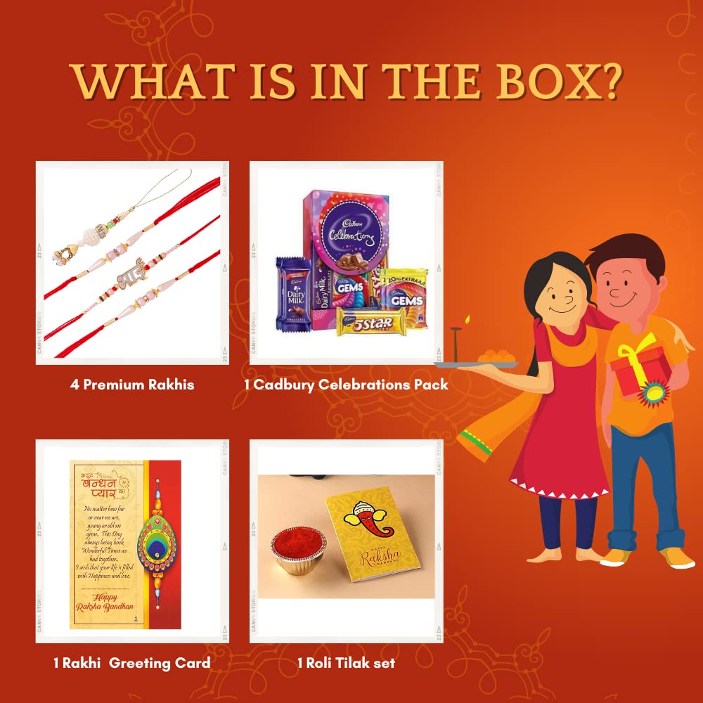 Cadbury 4 Rakhi Combo for Brother Bhabhi Kids with Celebration Chocolate Gift Pack/Rakshabandhan with Gift for Brother with chocolate combo/Lumba/Pearl Designer/Greeting Card 1