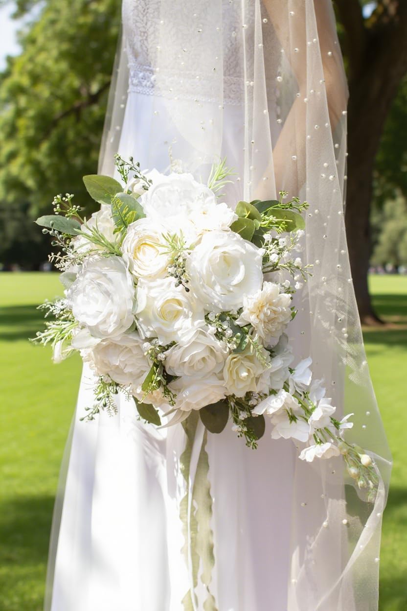 12 Inch Cascade Wedding Bouquets for Bride, Ivory & Champagne Cascading Bridal Bouquet for Wedding Silk Artificial Flowers