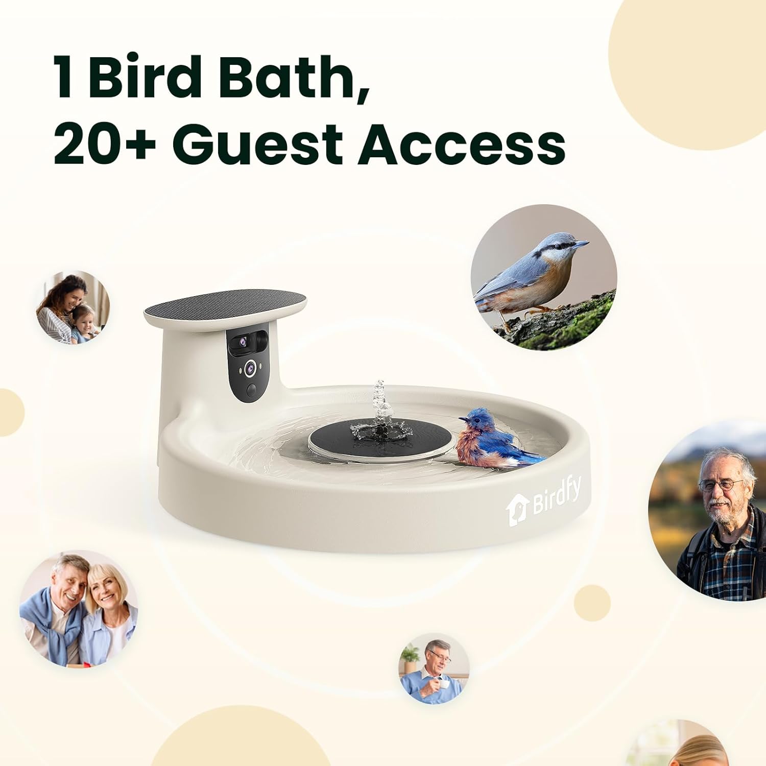 Birdfy Smart Bird Bath with Camera Solar Powered & Fountain, Dual-Lens Camera for Wildbird Watching, Auto Capture Bird Videos & Motion Detection - AI by Subscription (Yellowstone)