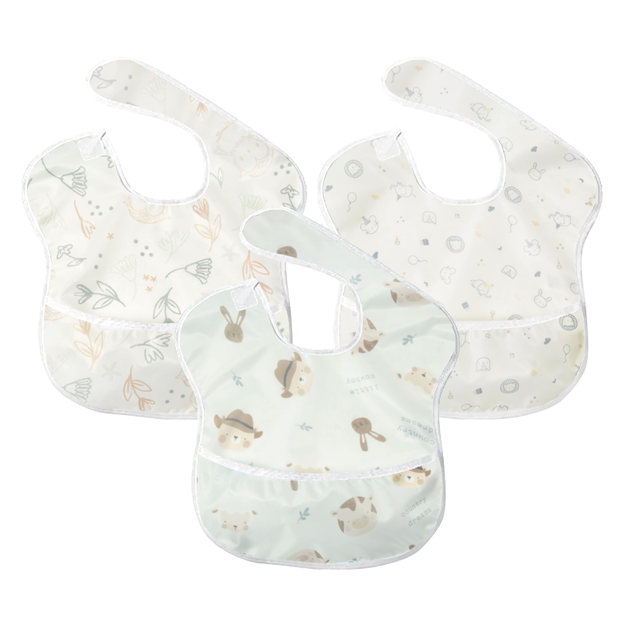 Little Dimsum 3 pack Baby Waterproof Bib Easy to Clean Feeding Weaning Bibs Adjustable Closed for Babies Toddlers with Large Pocket(6-36Months)