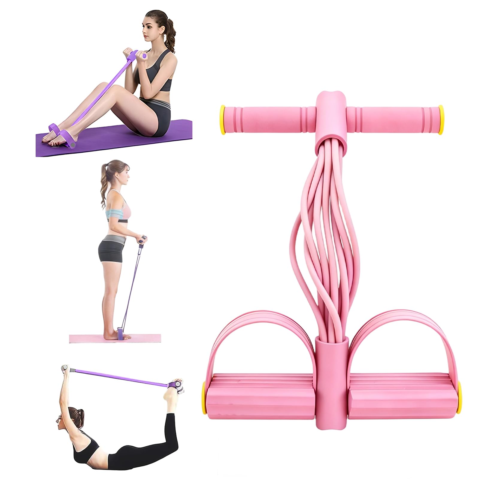 Foot Pedal Resistance Band with Handle, 8-Tube Elastic Resistance Band with Pedal Puller, Abdominal Trainer Resistance Band, Sit Up Exercise Equipment for Home Abdomen/Arm/Leg Use (Pink)