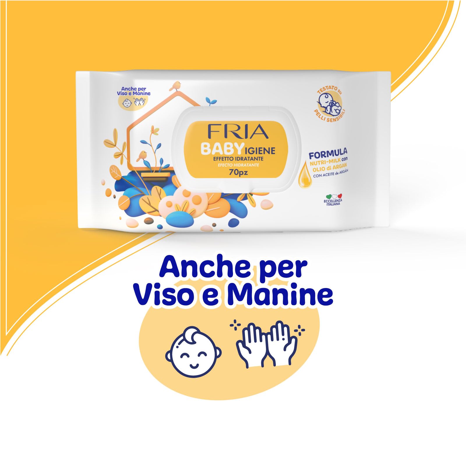 Fria Baby Salviette per Cambio Pannolino con Olio di Argan e Nutrimilk, Idratanti, 70 Pezzi