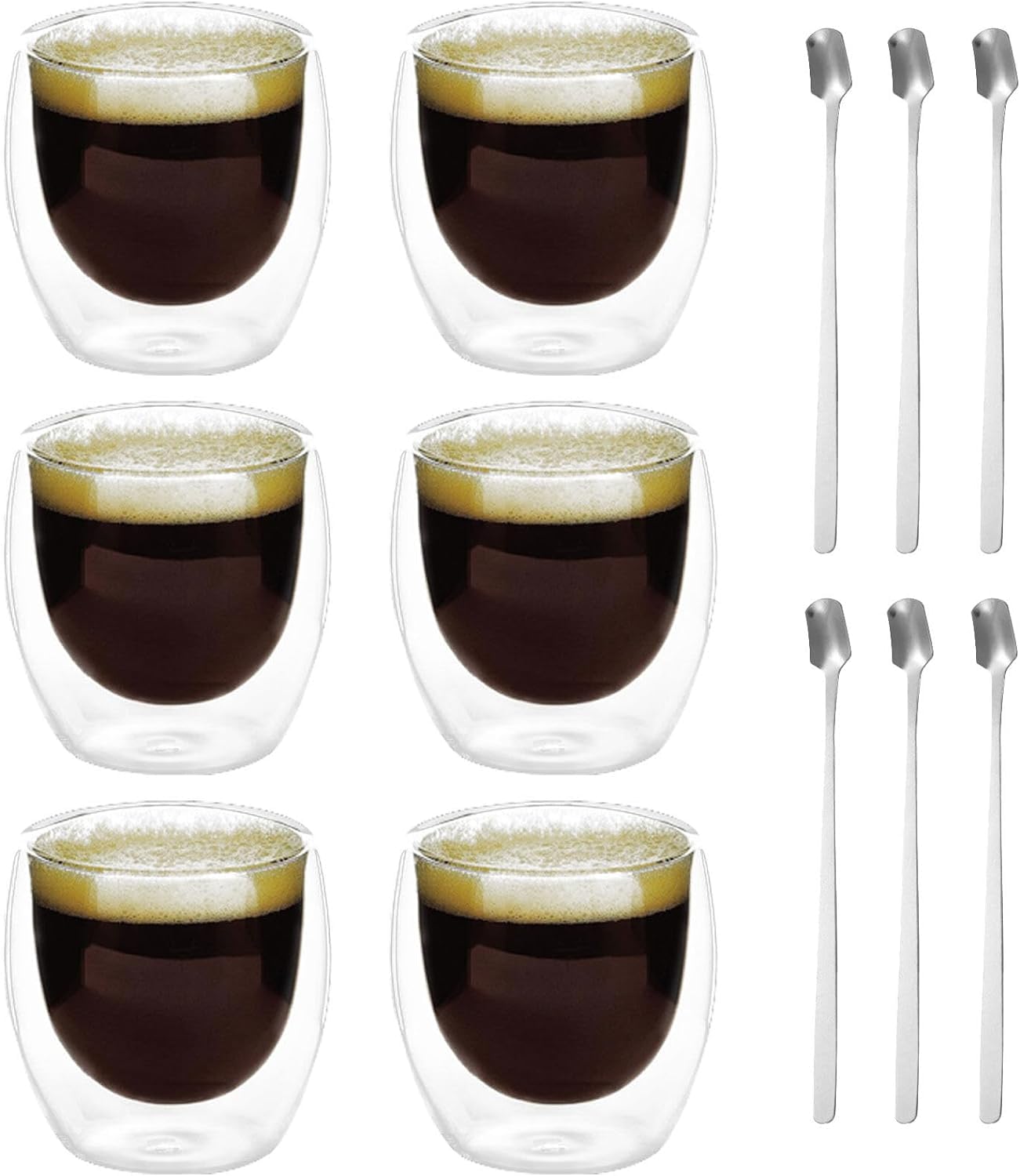 Delamiya Set di tazze da caffè a doppia parete, 6 pezzi, 80 ml, a doppia parete, con 6 cucchiai, per latte macchiato, tazze da caffè in vetro, per gli amanti dell'espresso