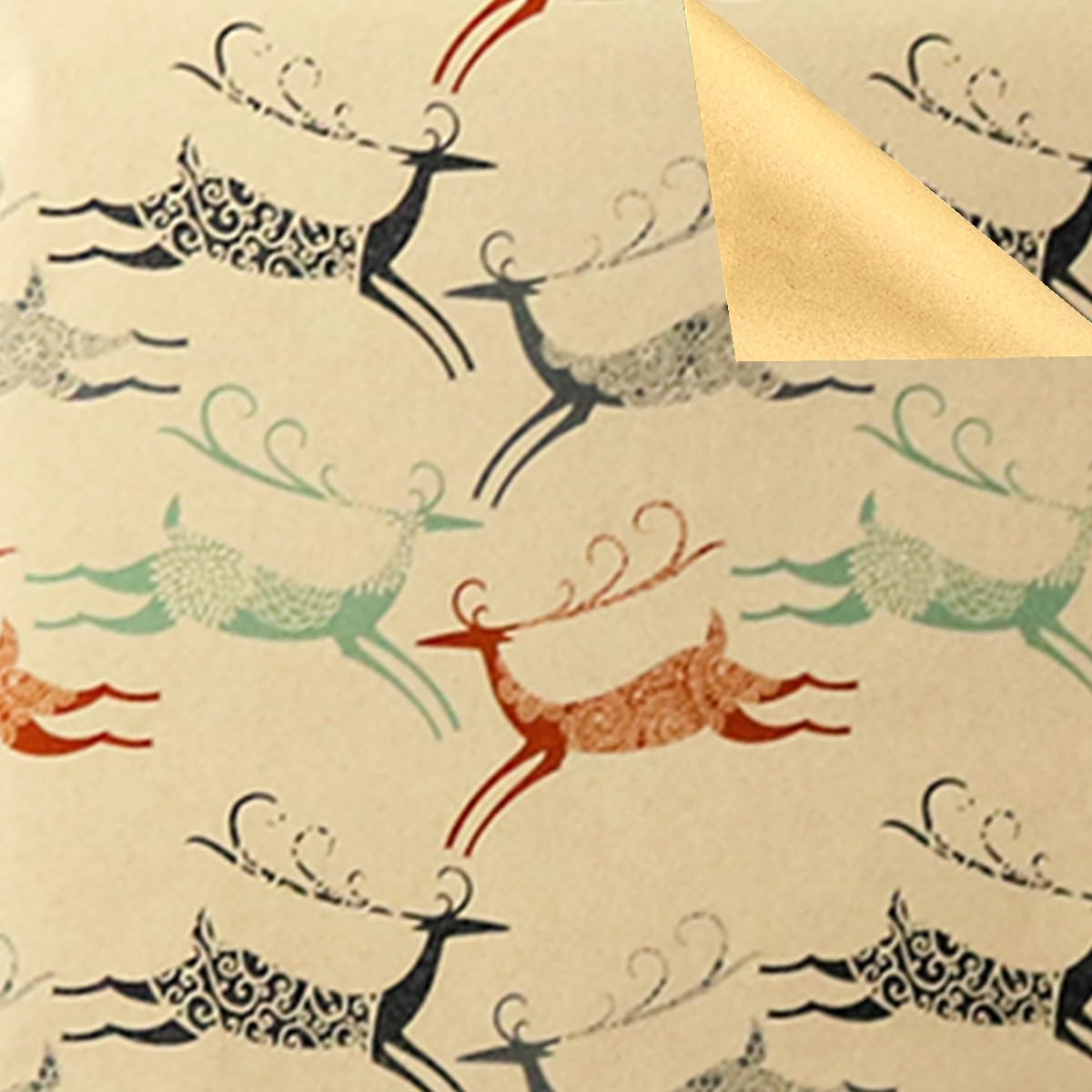 K-Kraft Élégant papier cadeau de Noël (oiseaux de neige, cerf, fleurs de glace/kraft marron imprimé), 76,2 cm x 4,6 m, 4,9 m² au total avec ruban adhésif et étiquettes