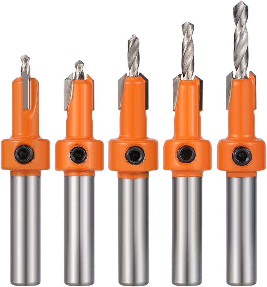 Heyu-Lotus 5 Pcs HSS Countersink Drill Bit Set, Woodworking Chamfer Screws Hole Drills Bit for Wood Drilling, Plastic, Drilling Holes