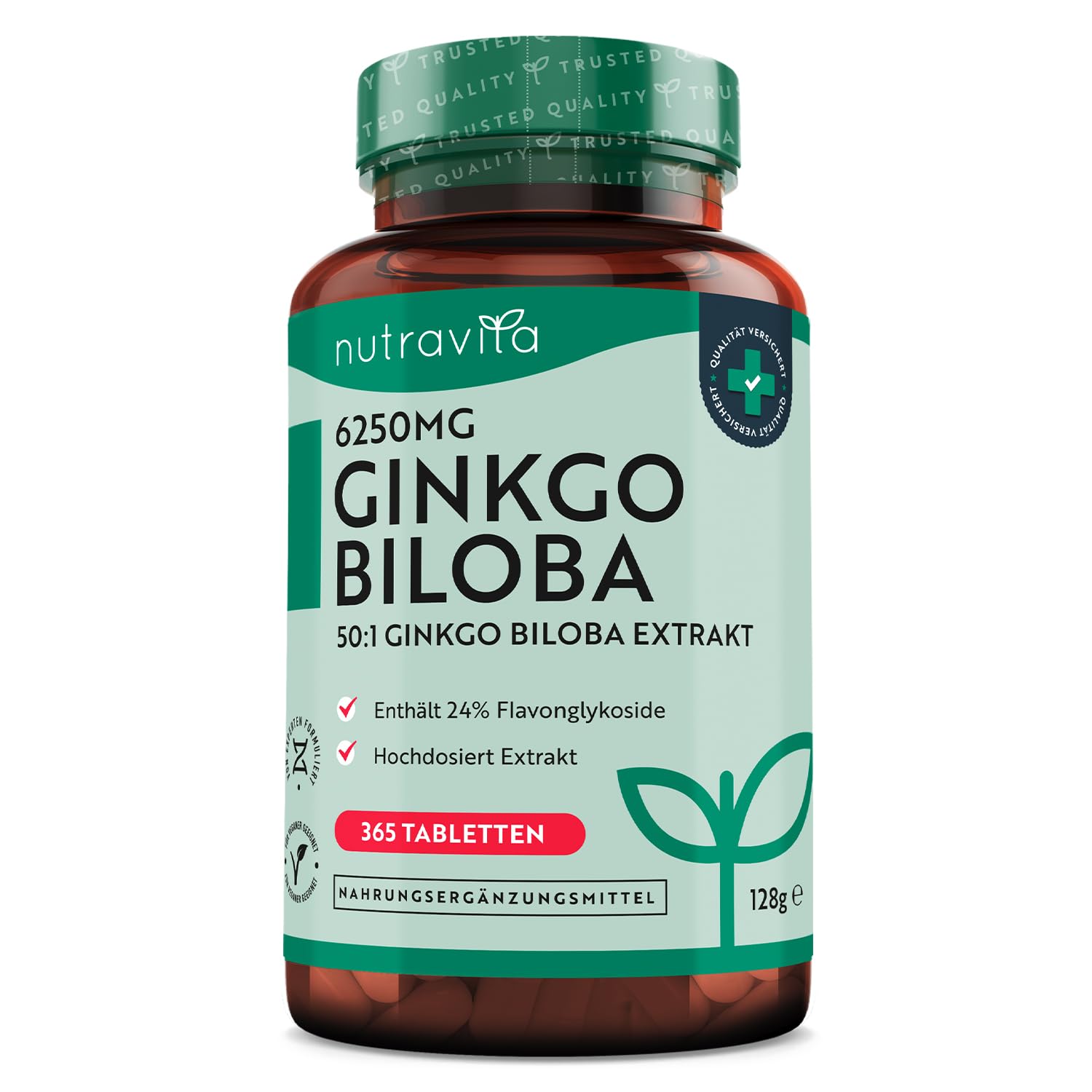 Ginkgo Biloba 6250 mg - 365 vegan Tabletten für 1 Jahr - Hochdosiert und premium Qualität Gingko - Ginko Extrakt hochkonzentriert - Extrakt 50:1 - Enthält 24% Flavonoglykoside - Nutravita