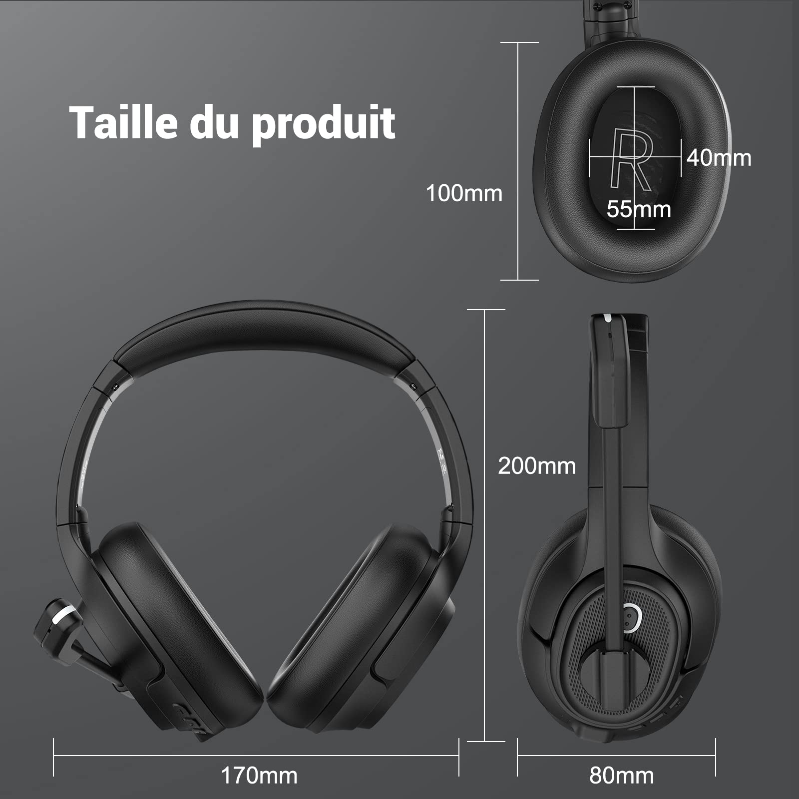 EKSA H6 Casque sans Fil avec Microphone et dongle USB [jusqu'à 55 Heures et portée de 10 mètres] Casque d'ordinateur Bluetooth avec Microphone antibruit AI, Casque Supra-auriculaire pour Entreprise