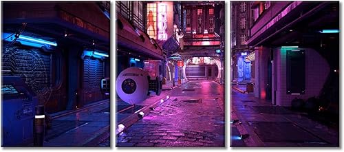 Miniatura 8 de Decoración de oficina Ciudad Nocturna Luces de neón de la Metrópolis, decoración de pared, 3 piezas Cyberpunk City Neon Streetview decoración de