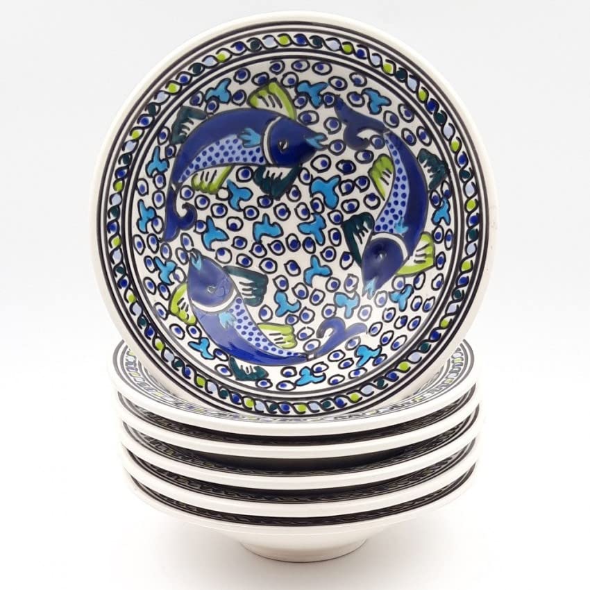 YODECO Tebsi Couscous Plates Set of 6 Blue Fish – Diameter 23 cm