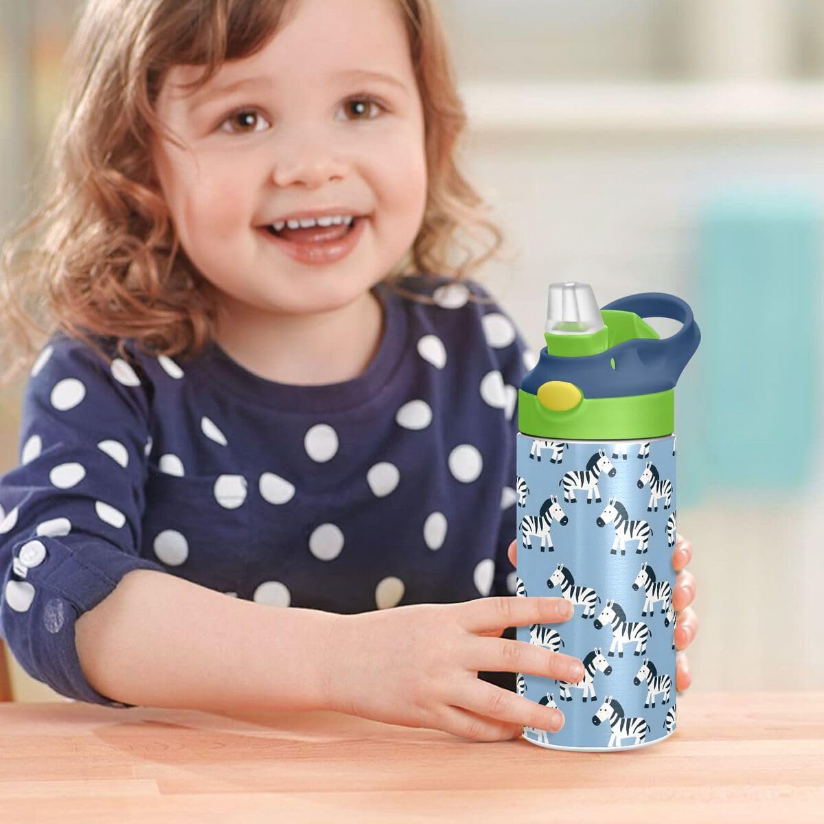 ALAZA Zebra Cartoon Blue Kids Water Bottles Insulated Stainless Steel Tumbler Travel Cup Lids Straw Double Walled Leakproof 12 OZ for Boys Girls