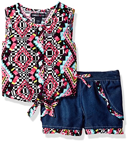 Limited Too Baby Girls' 2 Piece Printed Rayon Sleeveless Tie Hem Blouse and Flap Denim Short, Multi, 12M
