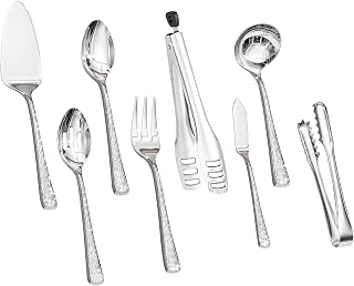 8 Piece Serving Utensils Set, 18/10 Stainless Steel Hostess Utensils | Hammered Mirror Polished, Dishwasher Safe, Slotted Spoon, Tong, Fork, Ladle, Cake Server, Butter Kinfe for Wedding, Party