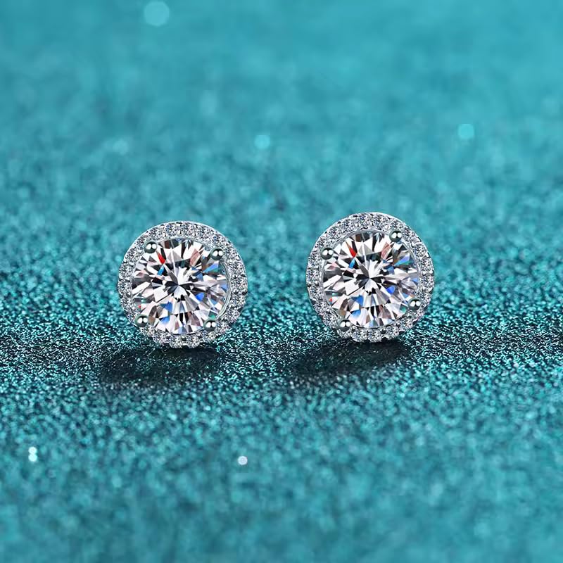 Image of GRA Certified 925 Sterling Silver Stud Moissanite Stud Earrings, 1-4ct DF Color Brilliant Halo Round Cut Moissanite Earrings 925 Sterling Silver Friction Back for Women