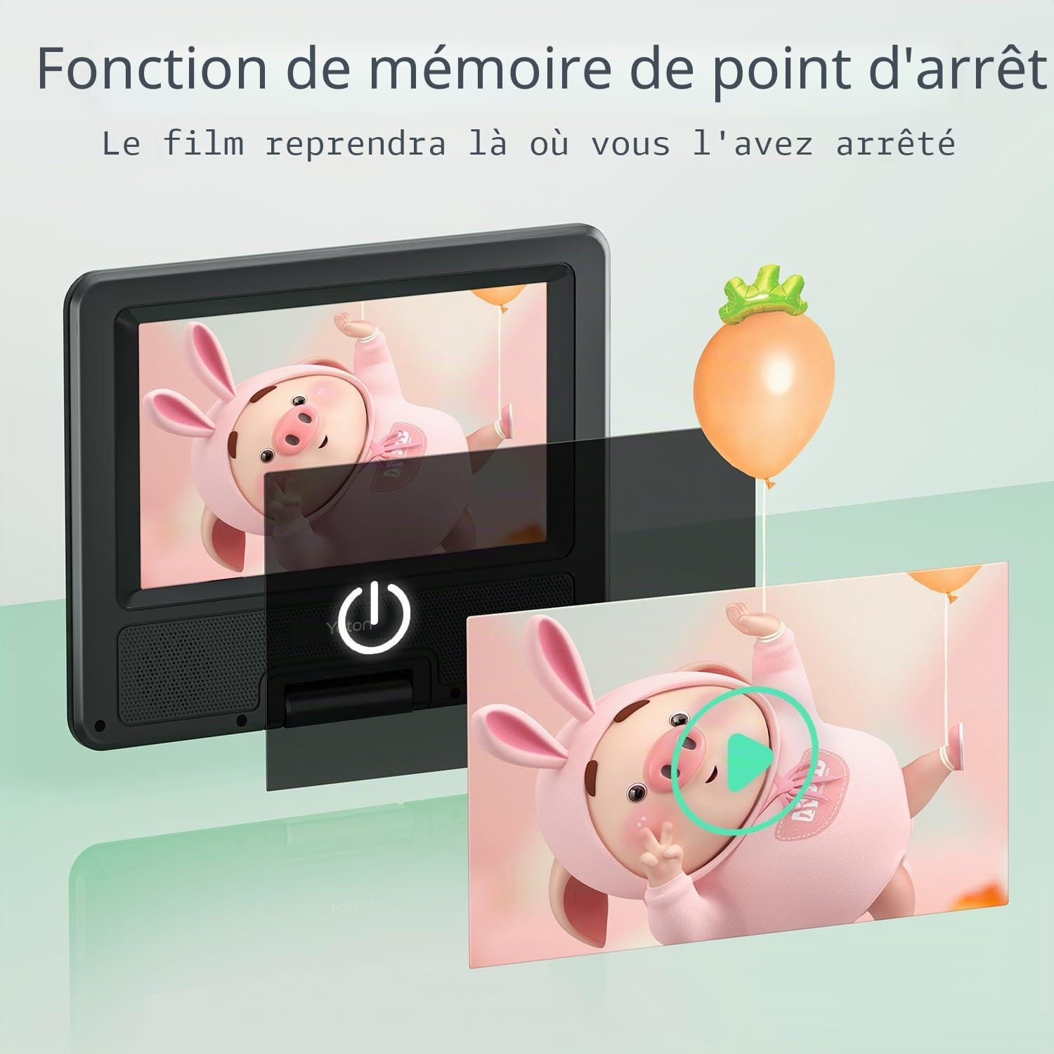 Yoton Lecteur DVD Portable Voiture 9,5" Écran Pivotant HD 7,5" Batterie Rechargeable 4-6h USB/SD/Synchro TV Haut-parleurs Stéréo