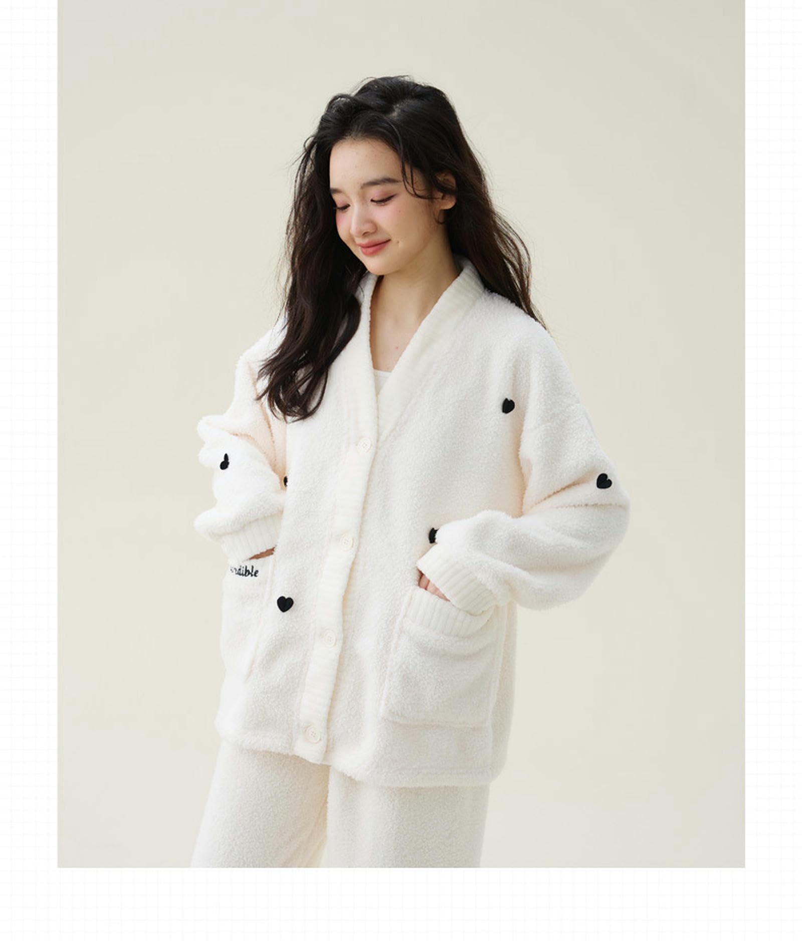 Pigiama Donna Invernale Velluto Invernale in Velluto Caldo Velluto Femmina Net Cardigan Pigiame Spesse Abiti da Velluto Abiti da Casa-White Love V -Neck Robe + Pants-l